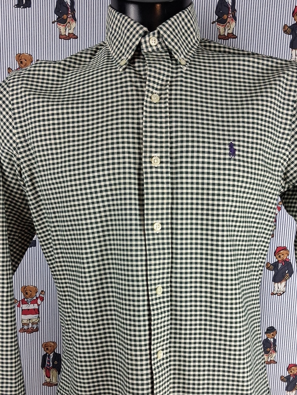 Polo Ralph Lauren Micro Plaid Dark Green & White Med Long Sleeve Button Up Shirt